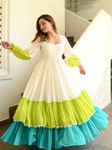 Women’s Cream, Lime Green & Turquoise Blue Cotton Tiered Maxi Gown