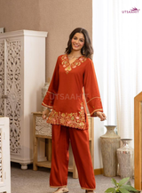 Women Pure Cotton V-Neck Embroidered Orange Co-Ord Set