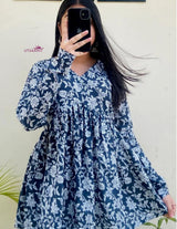 Navy Blue Floral Printed Kurti Top for Women | White Floral Long Sleeve Ethnic Top