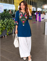 Women’s Cotton Farshi Salwar Suit Set with Handcrafted Floral Embroidery – Kurta with White Salwar