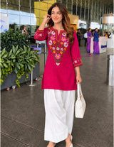 Women’s Cotton Farshi Salwar Suit Set with Handcrafted Floral Embroidery – Kurta with White Salwar
