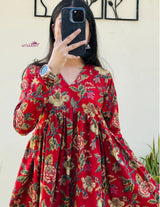 Red Floral Printed Long Top for Women | Multicolor Floral Rayon Gathered Kurti