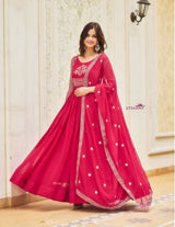 Women’s Rani Pink Georgette Anarkali Gown with Heavy Sequin Embroidery & Dupatta