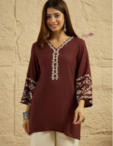 Women's Maroon Embroidered Short Kurti Top with Bell Sleeves | Elegant Ethnic Casual Wear