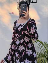 Black Floral Printed Kurti Top for Women | Pink Floral Square Neck Full Sleeve Dress