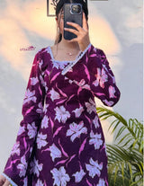 Women's Purple Floral Printed Rayon Short Kurti Top with Back Dori Work | Stylish Casual Wear