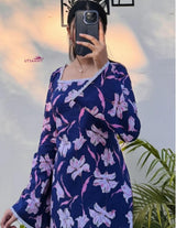 Navy Blue Floral Printed Kurti Top for Women | Pink Floral Long Kurta with Lace Detailing