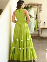 Utsaahit Women’s Lime Green Cotton Maxi Gown with Pom Pom Detailing