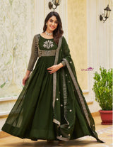 Women’s Dark Green Georgette Anarkali Gown with Heavy Embroidery & Dupatta | Festive Party Wear