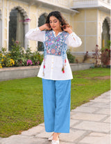 Sky Blue Cotton Flex Co-Ord Set for Women with Embroidered Jacket | Utsaahit