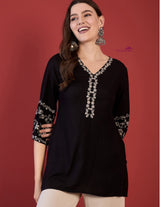 Women's Black Embroidered Short Kurti Top with Bell Sleeves | Elegant Ethnic Casual Wear