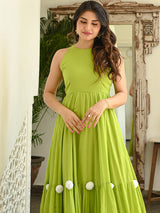 Utsaahit Women’s Lime Green Cotton Maxi Gown with Pom Pom Detailing