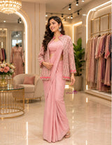 Women’s Pink Ready to Wear Chinon Saree with Embroidered Jacket & Stitched Blouse | Party Wear Saree Set