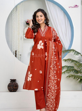 Premium Heavy Cotton Embroidered Kurti Pant Dupatta Set | M–7XL Women Ethnic Wear
