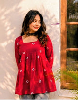 Women's Red Printed Short Anarkali Kurti Top with Square Neck | Stylish Ethnic Casual Wear