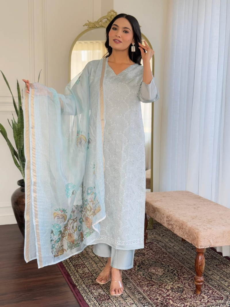 Utsaahit Fancy Elegant Roman silkKurta Set with Beautiful Chikankari Work