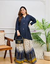 Women’s Pure Cotton Indo-Western Palazzo Set with Navy Blue Ikat Print & Embroidered Top