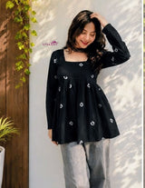 Women's Black Printed Short Anarkali Kurti Top with Square Neck | Stylish Casual Wear