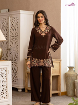 Women Pure Cotton V-Neck Embroidered Orange Co-Ord Set