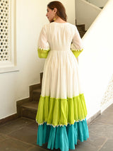 Women’s Cream, Lime Green & Turquoise Blue Cotton Tiered Maxi Gown