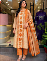 Women’s Cotton Printed Kurta Pant Dupatta Set with Floral Motifs & Sequence Adda Work