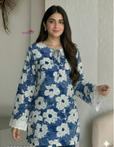 Women's Blue Floral Printed Short Kurti Top with Lace Sleeves | Stylish Casual Wear