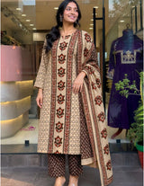 Women’s Cotton Printed Kurta Pant Dupatta Set with Floral Motifs & Sequence Adda Work