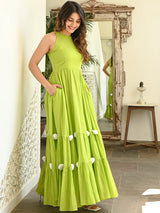 Utsaahit Women’s Lime Green Cotton Maxi Gown with Pom Pom Detailing