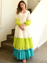 Women’s Cream, Lime Green & Turquoise Blue Cotton Tiered Maxi Gown