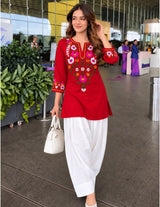 Women’s Red Floral Embroidered Cotton Kurti with White Farshi Salwar Set