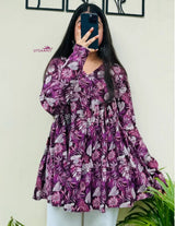 Purple Floral Printed Flared Kurti Top for Women | Stylish V-Neck Long Sleeve Ethnic Top