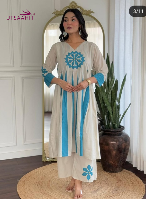 Aqua Bloom Jaipuri Cotton Kurti Pant Set for Women Floral Patchwork Summer No-Dupatta Set