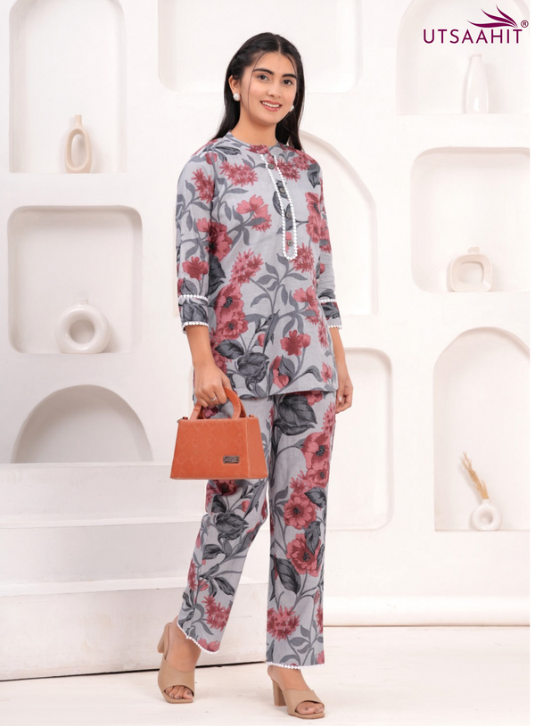 Cotton Co-ord Collar & Button Full Set in Grey & Red – Utsaahit
