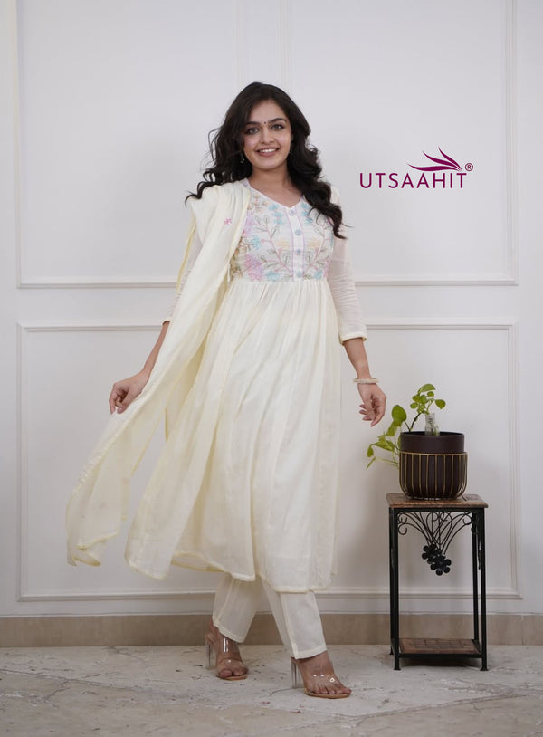 Elegant Cotton Anarkali Kurta Pant Dupatta Set