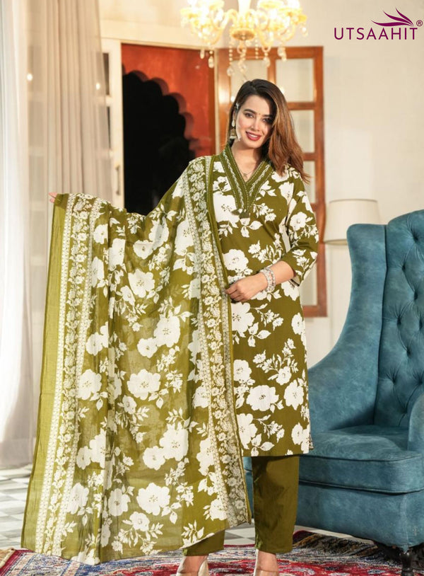 premium cotton with floral print  beautiful Kurti, Pant & Dupatta Set