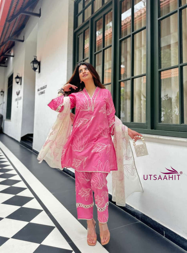 premium cotton pink kurti pant dupatta set