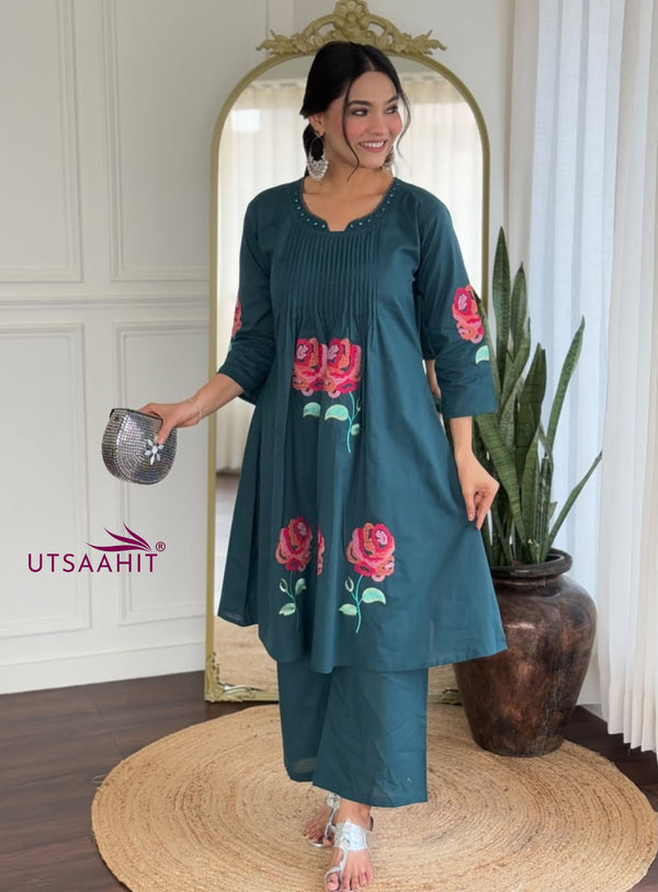 Beautiful Pure Cotton Pleated Kurta Pant Set