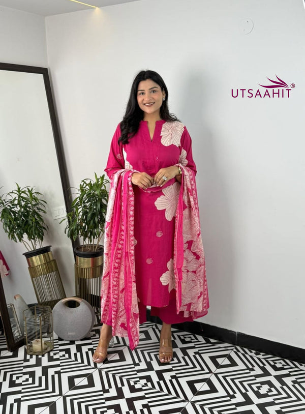 Pure Cotton Floral Kurti Pant Dupatta Set