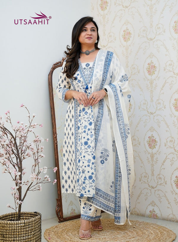 Floral Motif Printed Cotton Kurti Pant Dupatta Set