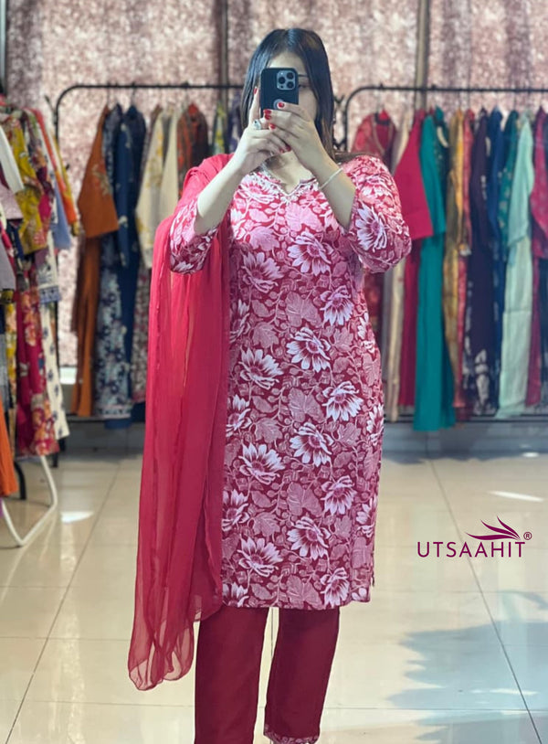 Trendy Cotton Rayon Kurti Pant Dupatta Set