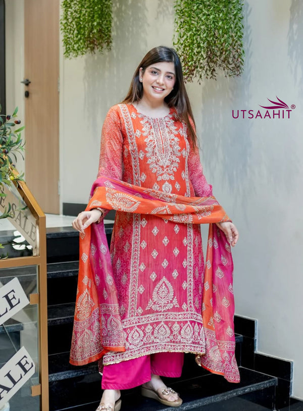 Pure Chinon with full neckline embroidery & delicate handwork kurta pant dupatta set
