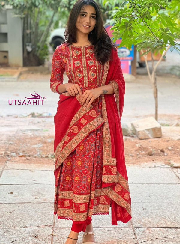Cotton Anarkali Kurta Pant &amp; Dupatta Set