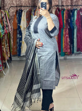 Classy Handloom Cotton Silk Kurti Pant Dupatta Set