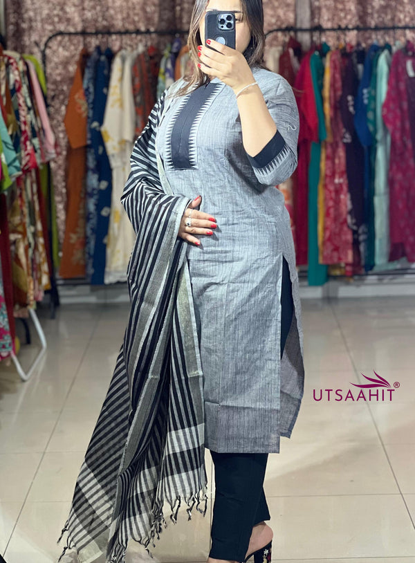 Classy Handloom Cotton Silk Kurti Pant Dupatta Set