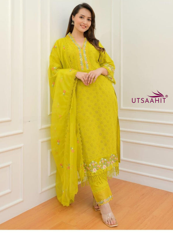 Pakistani Schiffli Cutwork Kurti Pant Dupatta Set