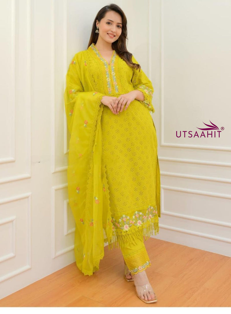 Pakistani Schiffli Cutwork Kurti Pant Dupatta Set