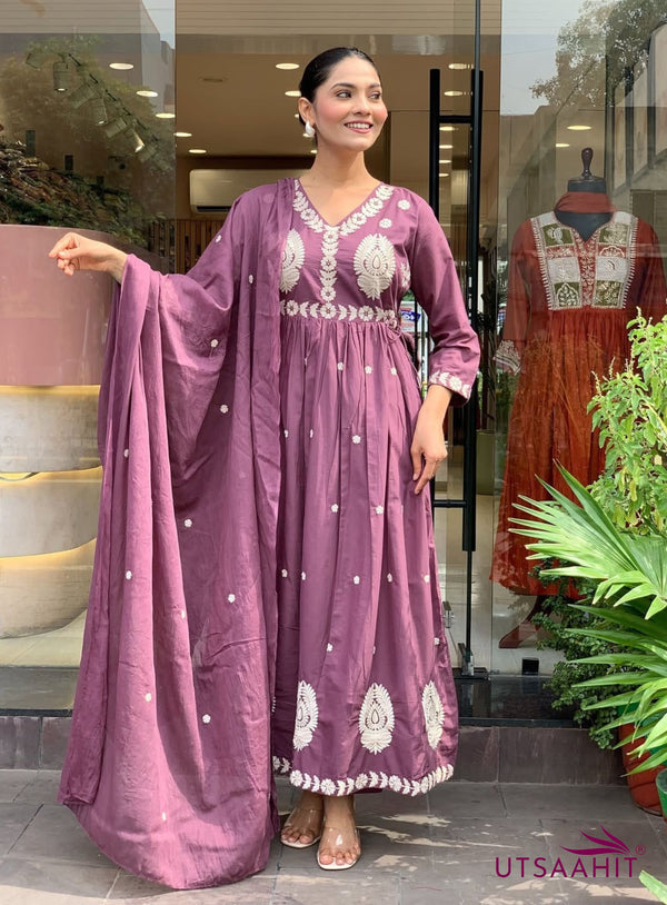 Premium Mal Cotton  intricate heavy embroidery & sequin work Anarkali Suit Set