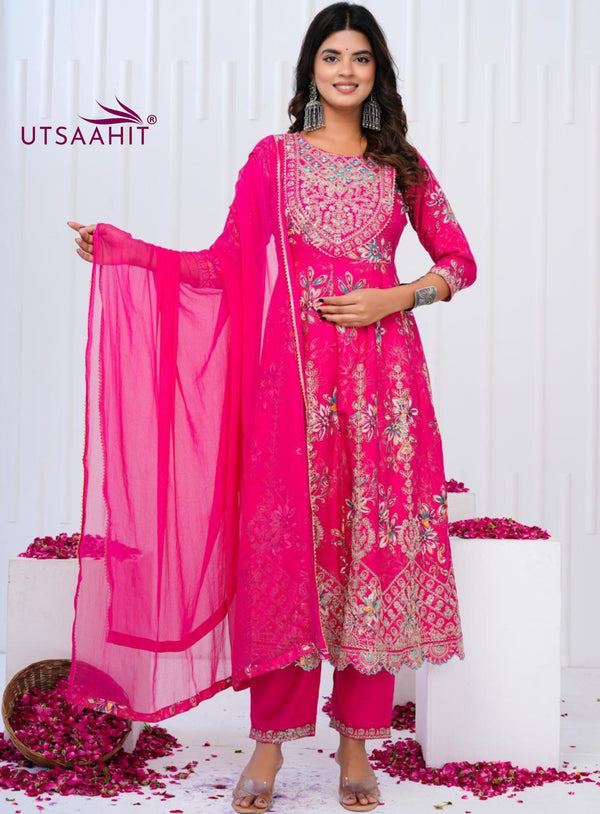 Designer  premium heavy cotton Anarkali Style Kurti Pant Dupatta Set