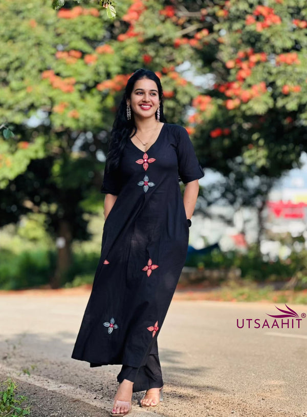 COTTON KURTI PANT SET with red & blue floral embroidery