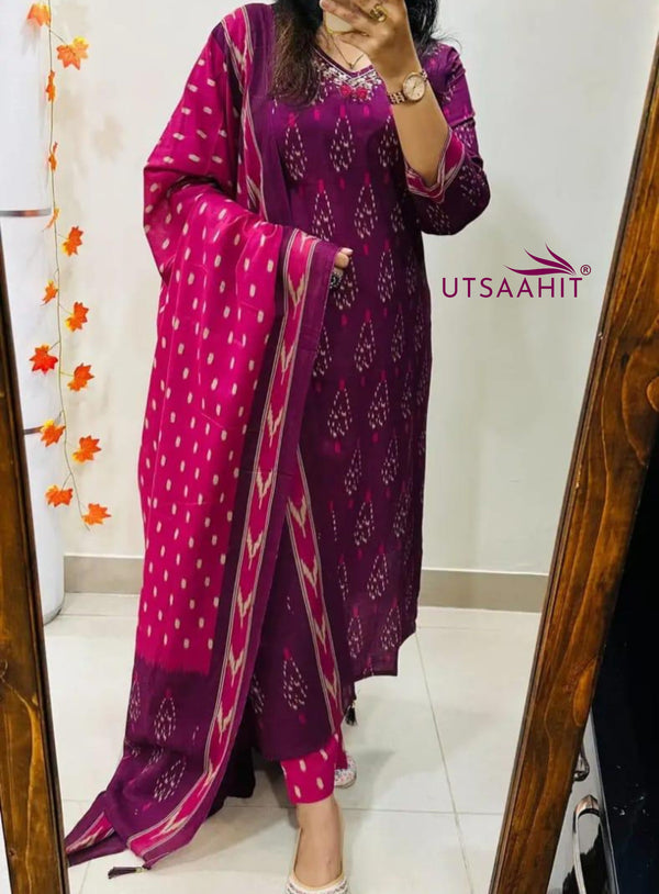 Designer Rich Azrak Cotton Kurti Pant Dupatta Set